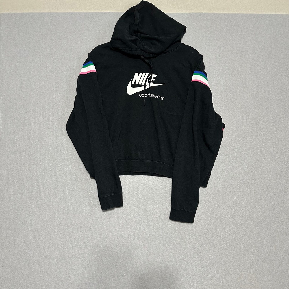 Nike Sportswear Womens Cropped Hoodie Black Multi Color Stripe Logo Large